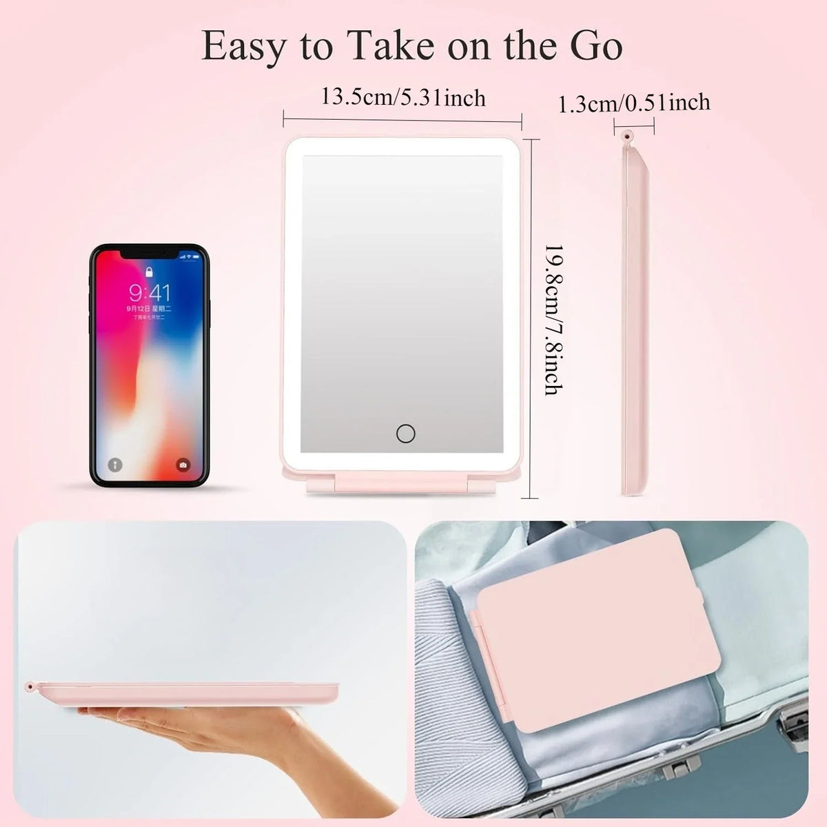 Blushimmer LED folding travel makeup mirror with 3 color light modes, USB rechargeable, touch screen, compact tabletop cosmetic mirror