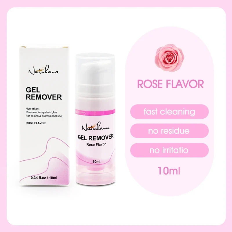 Blushimmer NATUHANA eyelash extension glue remover gel in 10g/15g tube, gentle, plant-based, for lash adhesive removal and makeup tools.