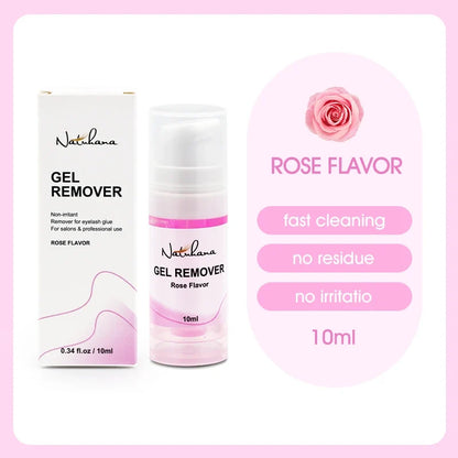 Blushimmer NATUHANA eyelash extension glue remover gel in 10g/15g tube, gentle, plant-based, for lash adhesive removal and makeup tools.
