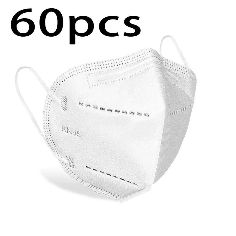 20/40/60pcs white and black 5-layer KN95 masks, with breathable elastic earrings, filtration efficiency of 95%, dustproof