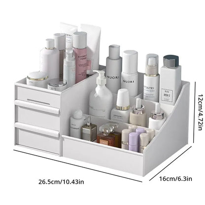 White Blushimmer makeup storage box with drawers on a dressing table, perfect for cosmetics, skincare, and desktop organization.