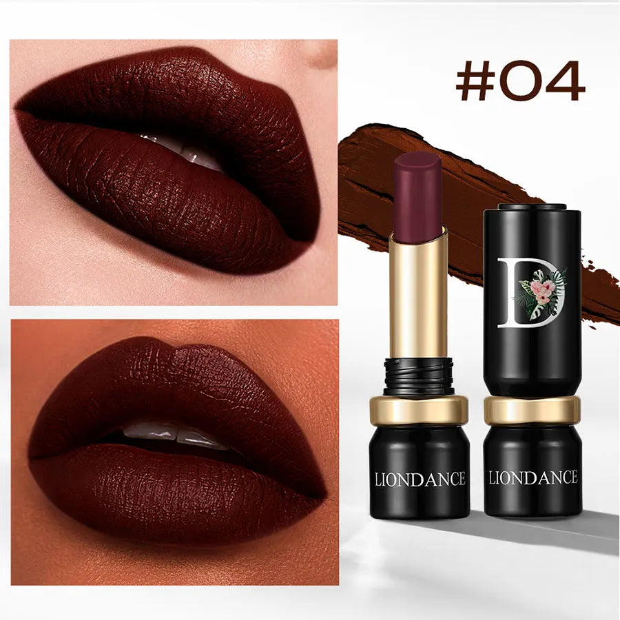 Blushimmer LIONDANCE velvet matte lipstick in soft dark nude, high pigmented, long-lasting, waterproof lip balm for women.