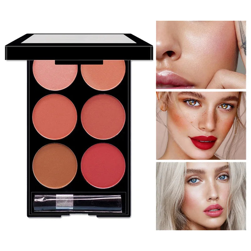 Blushimmer 6-color blush and contouring palette with pearlescent matte powders for makeup and face contouring.