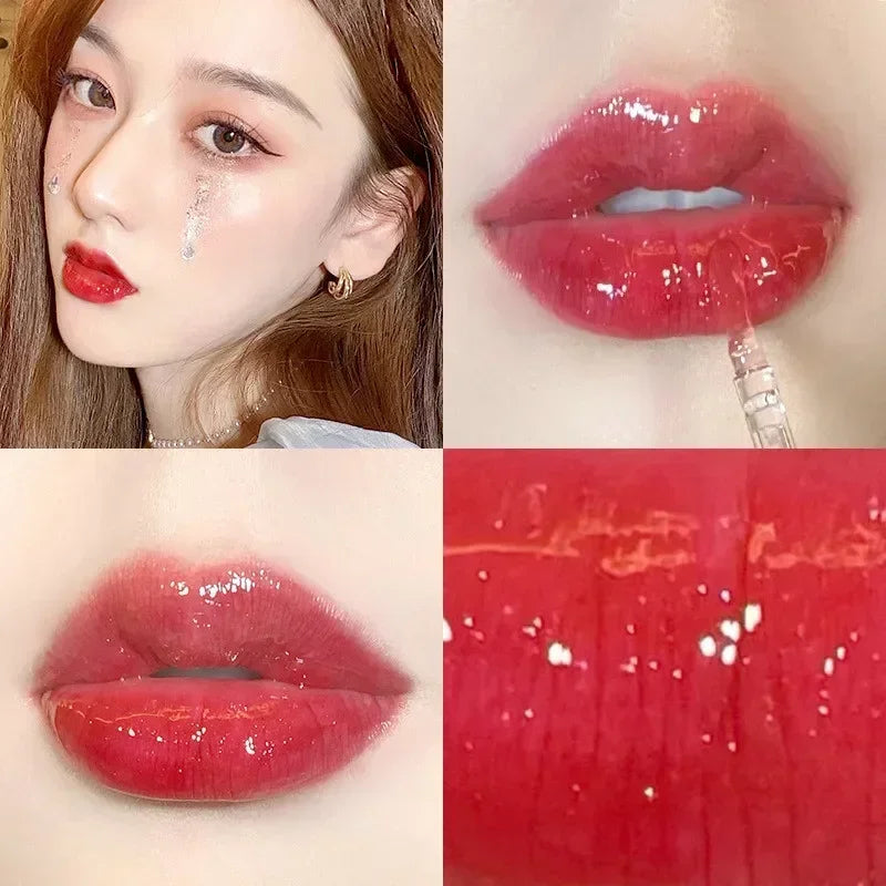 Blushimmer transparent water lip gloss in a clear glass tube showing glossy, liquid lip product for shiny, moisturized lips