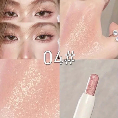 Hisyi 2-in-1 lying silkworm eyeliner and highlighter pen by Blushimmer, shown with black and shimmery tips for eye makeup and highlighting.