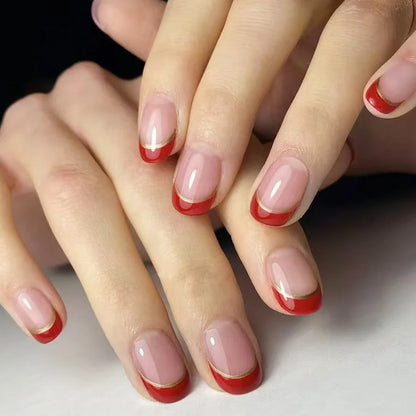Set of 24 pink and white gradient square fake nail tips with French press design by Blushimmer, short full cover false nails.