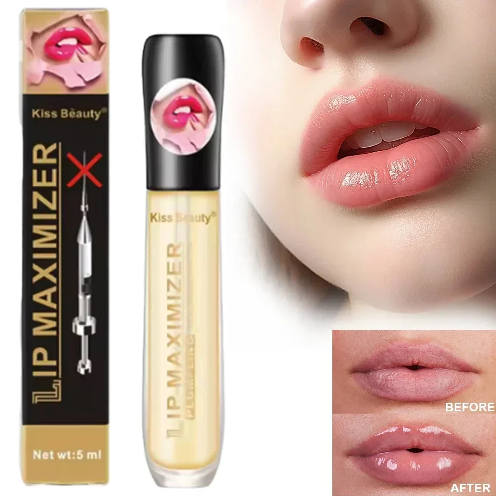 Transparent lip gloss plumping lip oil by Blushimmer, featuring a sleek tube with a doe-foot applicator for moisturizing and enhancing lips.