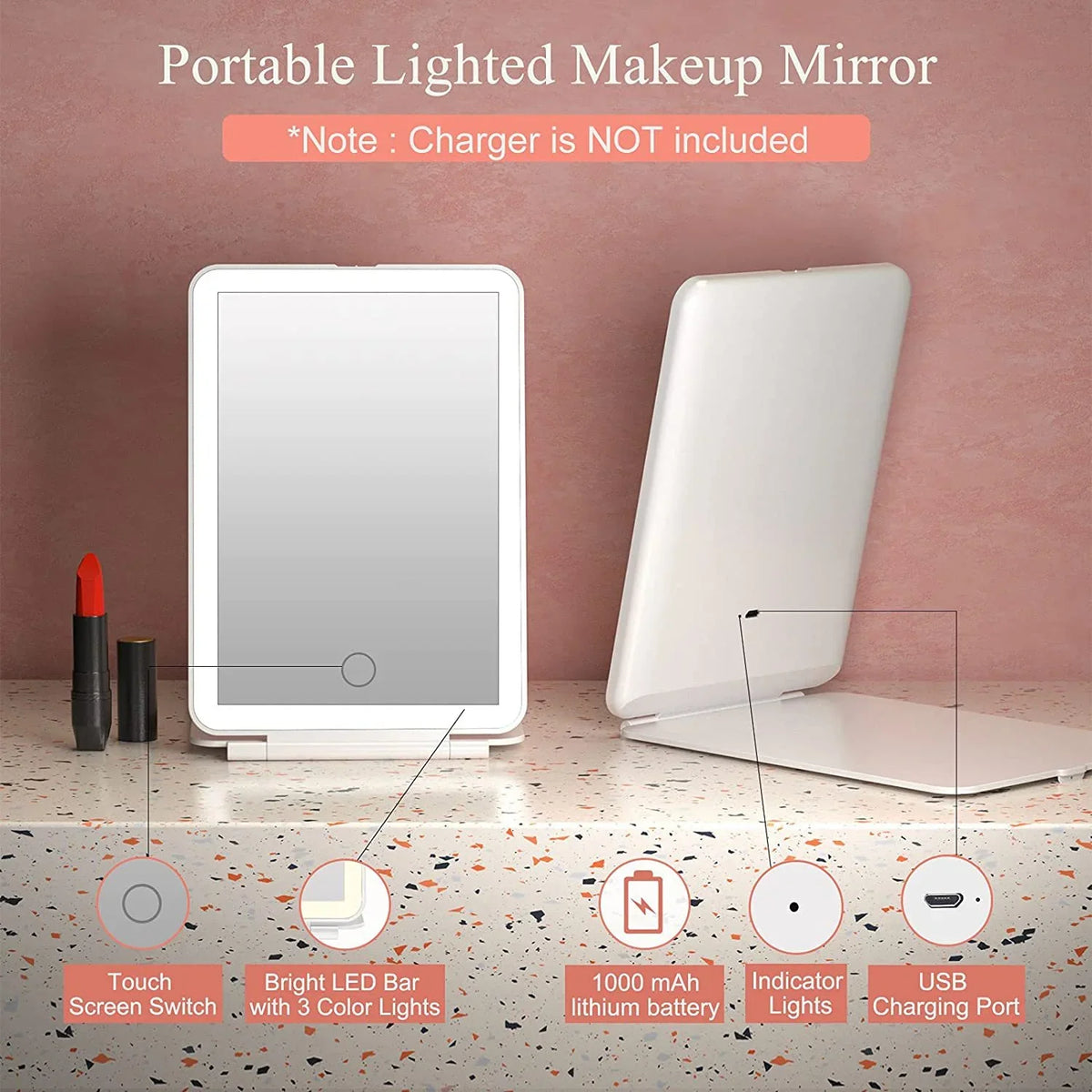 Blushimmer LED folding travel makeup mirror with 3 light modes, USB rechargeable, touch screen, portable tabletop cosmetic mirror