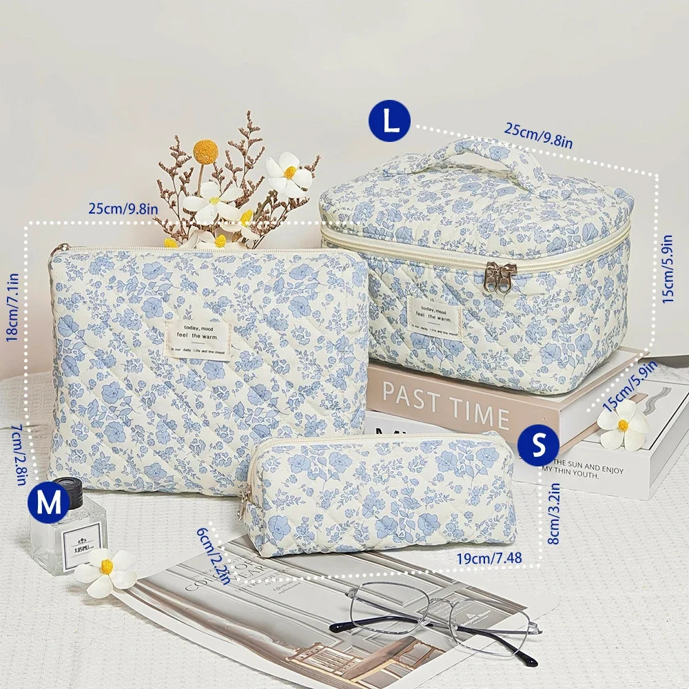 Cute quilted cotton makeup bag by Blushimmer with zipper, portable cloth toiletry case for women and girls, box-shaped cosmetic organizer