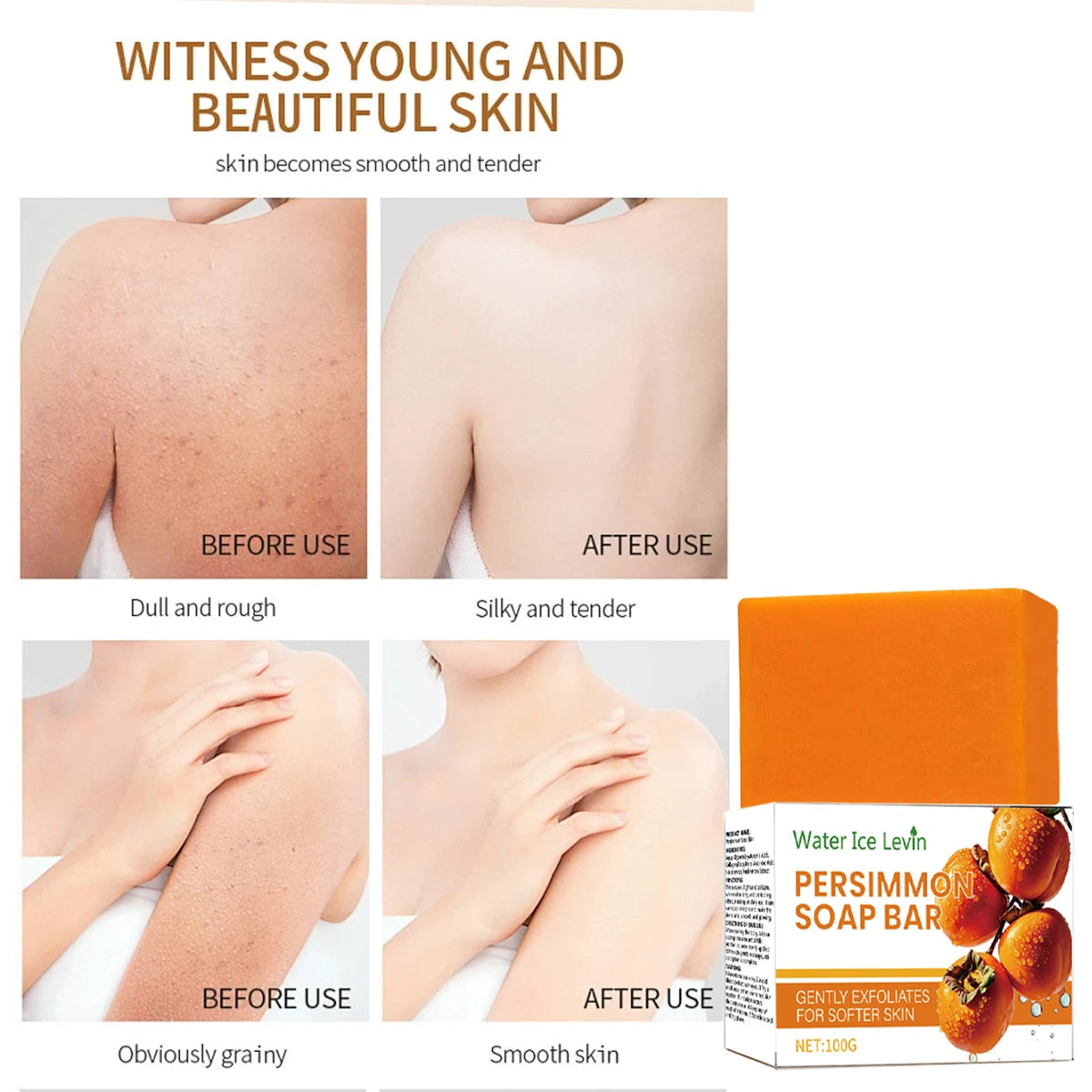 Persimmon Collagen Soap Bar Gentle Exfoliation. Denser Foam. Hyaluronic Acid Ascorbic Acid. Plant-Based Tocopherol.