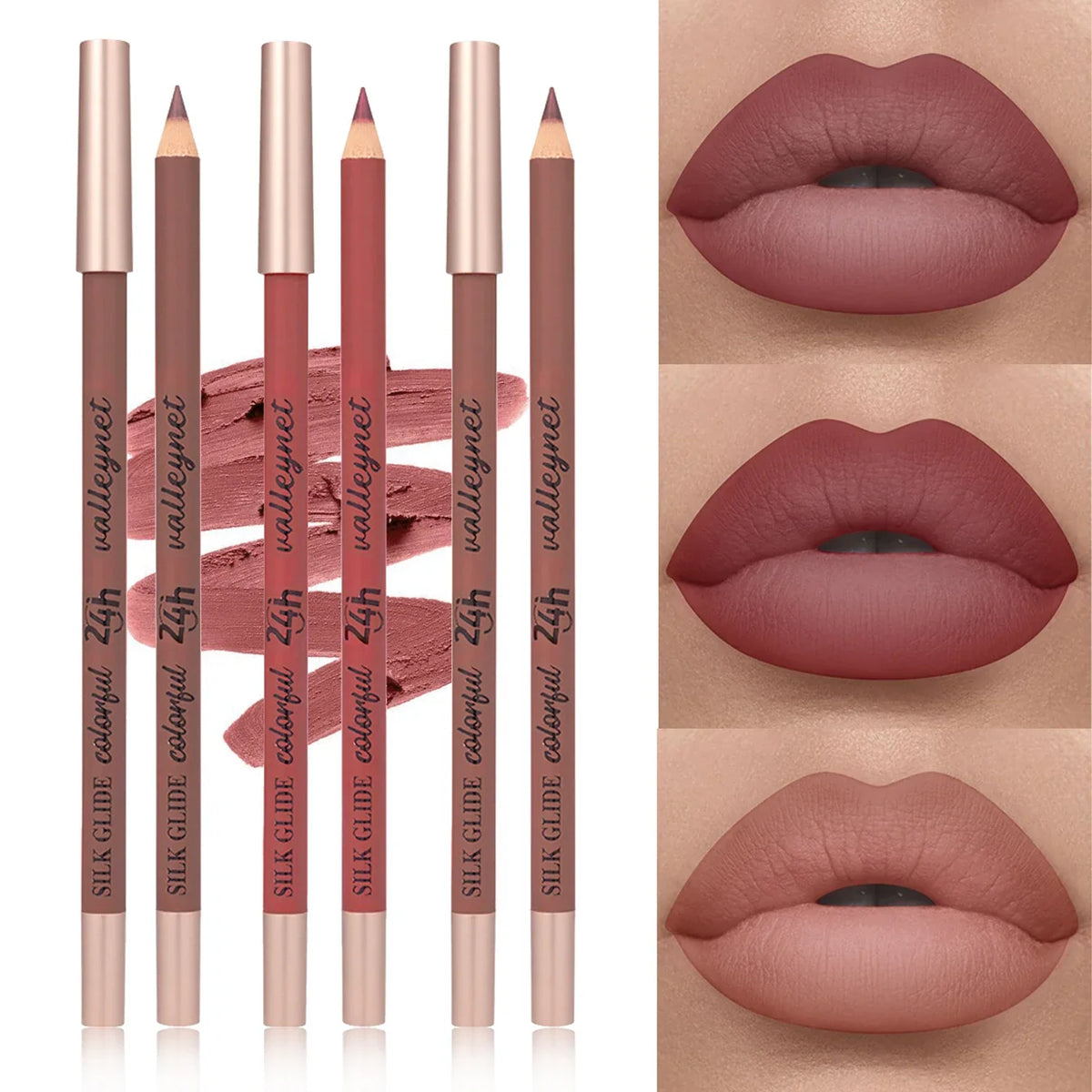 Set of three brown matte lip liners by Blushimmer with creamy, waterproof, smudge-resistant, and highly pigmented formula.