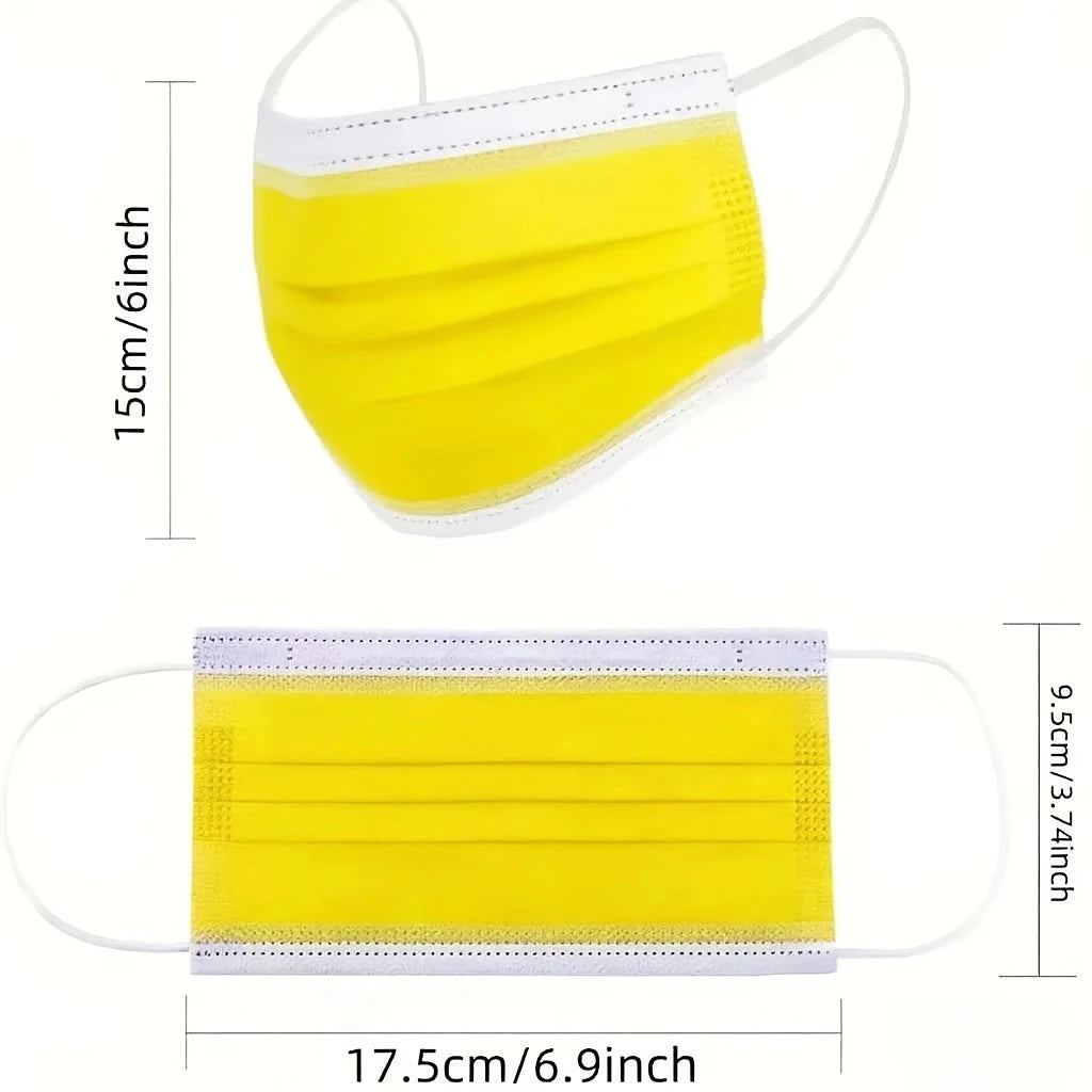 Set of 200 yellow disposable protective masks with 3-layer design, breathable fabric, adjustable ear loops, and snug nose pads.