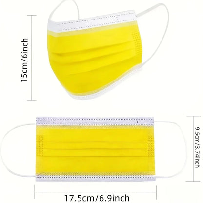 Set of 200 yellow disposable protective masks with 3-layer design, breathable fabric, adjustable ear loops, and snug nose pads.