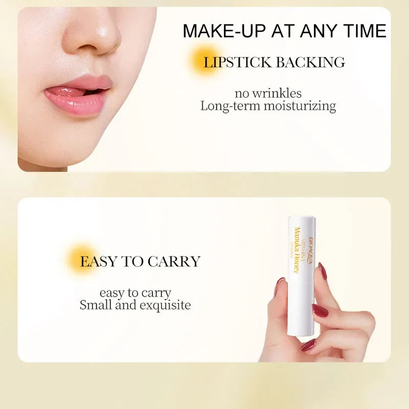Blushimmer Vitamin E Honey Lip Balm in a sleek tube, moisturizing and nourishing lips with a smooth, glossy finish.