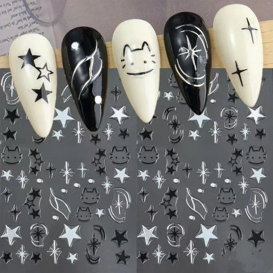 Black silver cat and dog nail sticker decals by Blushimmer featuring cute cartoon animal charms for manicure nail art decoration.