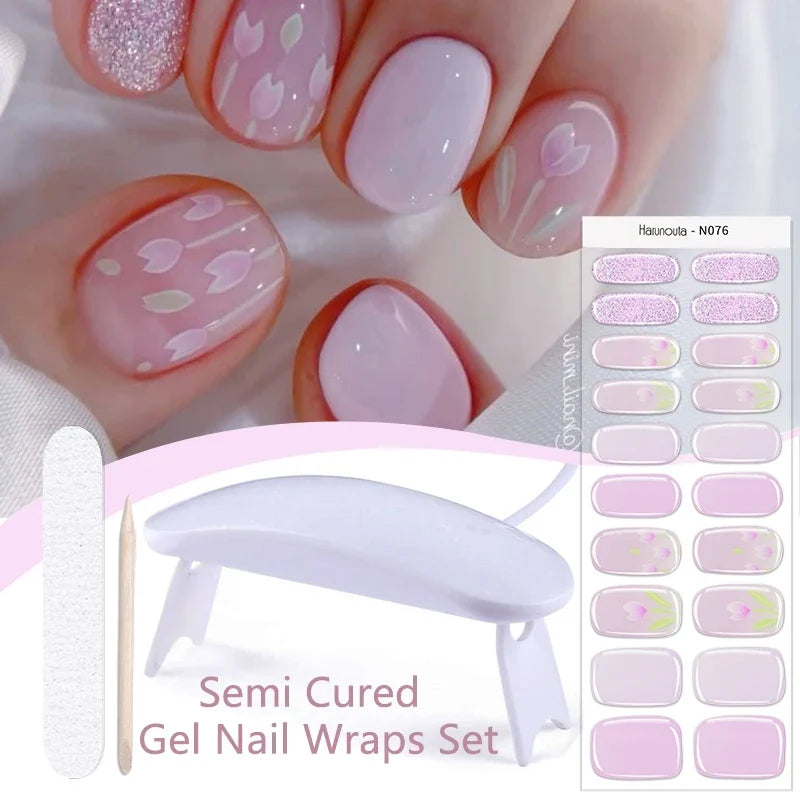 Blushimmer Harunouta 4-piece set of nude pink gradient jelly semi-cured gel nail strips with nail lamp and waterproof long-lasting wraps