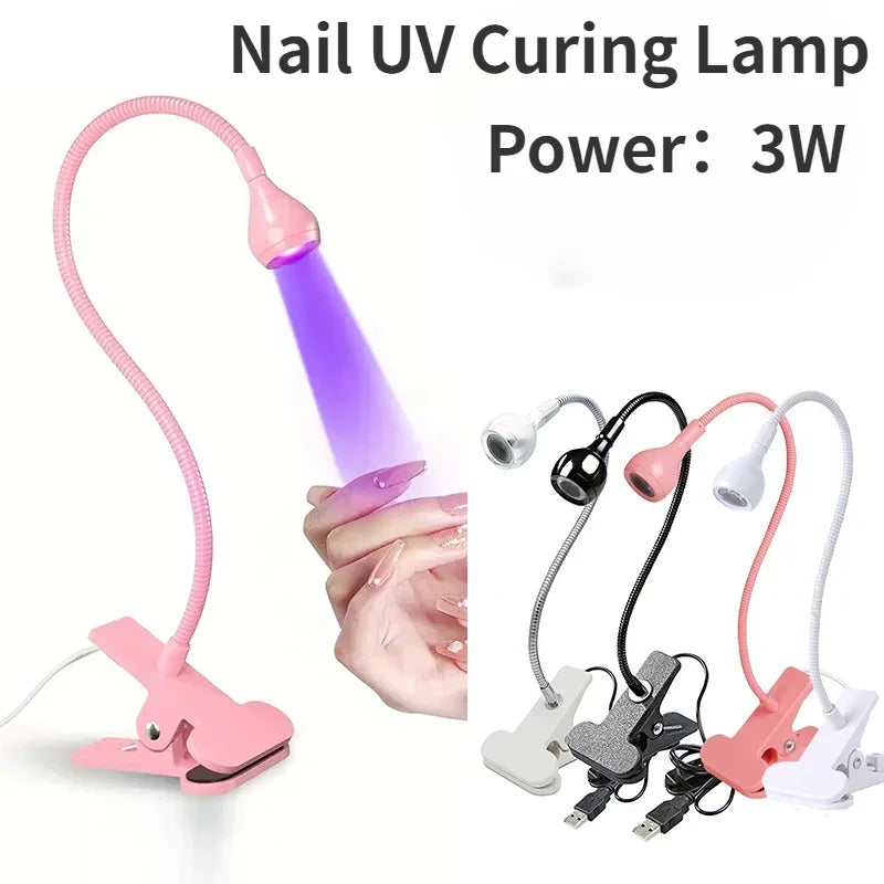 Blushimmer UV nail dryer lamp with 395nm wavelength, clip-on mini desk design, USB-powered for gel nail manicures.
