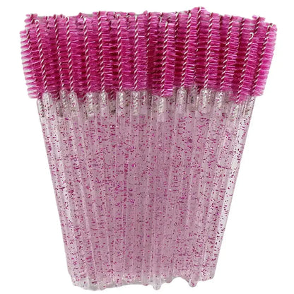 50-pack of Blushimmer disposable crystal eyelash brushes with diamond handles for eyebrow grooming and mascara application.
