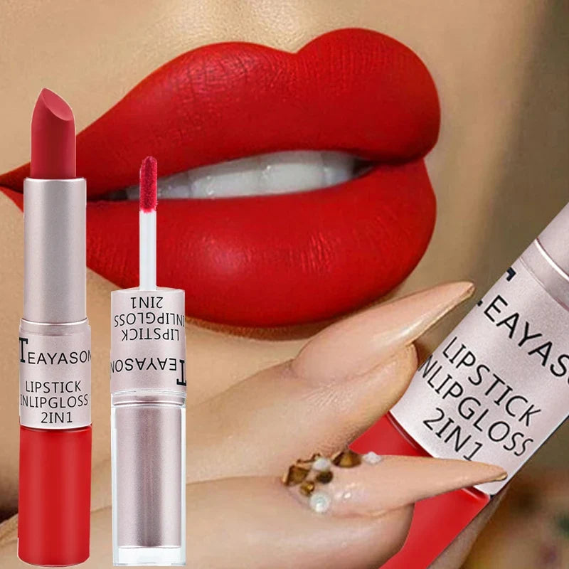 Blushimmer 2-in-1 matte red lipstick and lip gloss with long-lasting, waterproof, velvet finish, double-ended lip makeup.