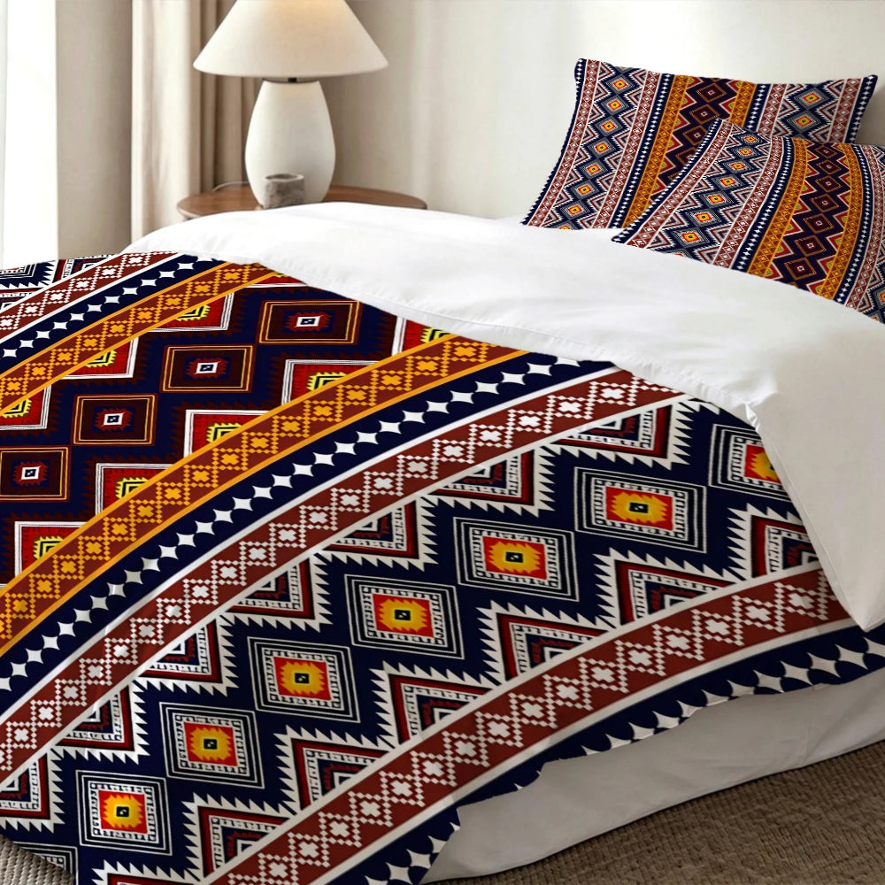 High-Definition Digital Printed Bedding Set, Ethnic Style Geometric Pattern Duvet Cover Set, Large Floral Print Duvet Cover Set, Includes 1 Duvet Cover + 2 Pillowcases, Suitable for Bedroom, Guest Room, Home Decoration, Polye