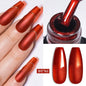 Blushimmer MEET ACROSS 7ml red metallic gel nail polish with gold and silver mirror finish, glitter sparkle, semi-permanent UV soak-off gel