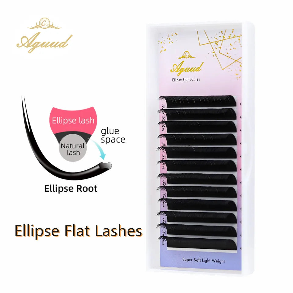 Blushimmer AGUUD matte dark black ellipse flat false eyelashes with double split tips, available in 0.15 and 0.20 B C CC D DD styles
