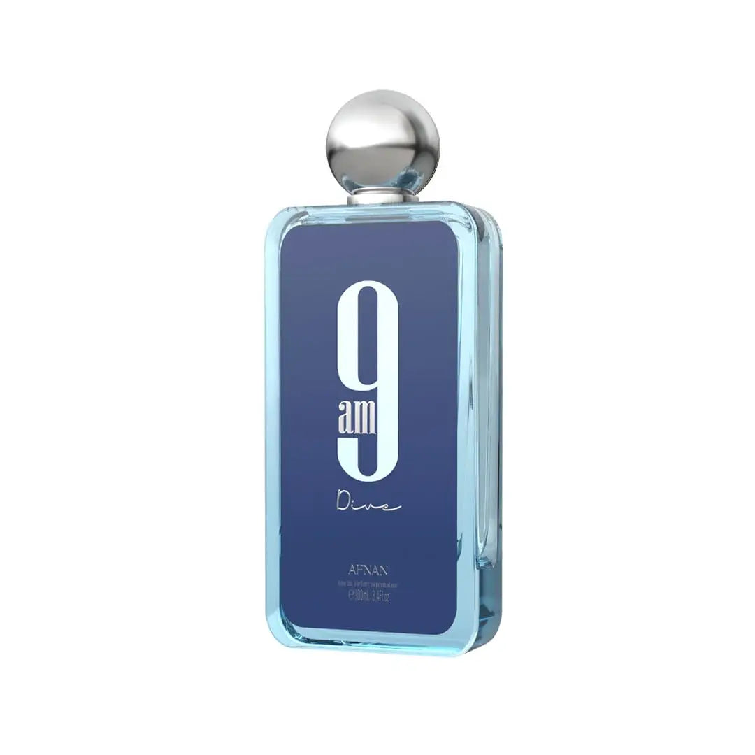 Afnan 9 AM Dive unisex Eau De Parfum bottle with sleek design, 3.4 fl oz, displayed on a neutral background.