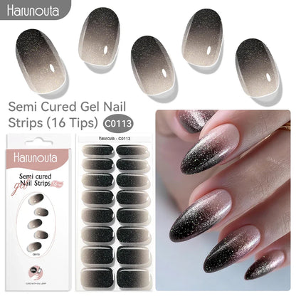 Blushimmer Harunouta 16-strip gradient red marble gold line gel nail strips for DIY gel polish, UV/LED compatible, semi-cured design.