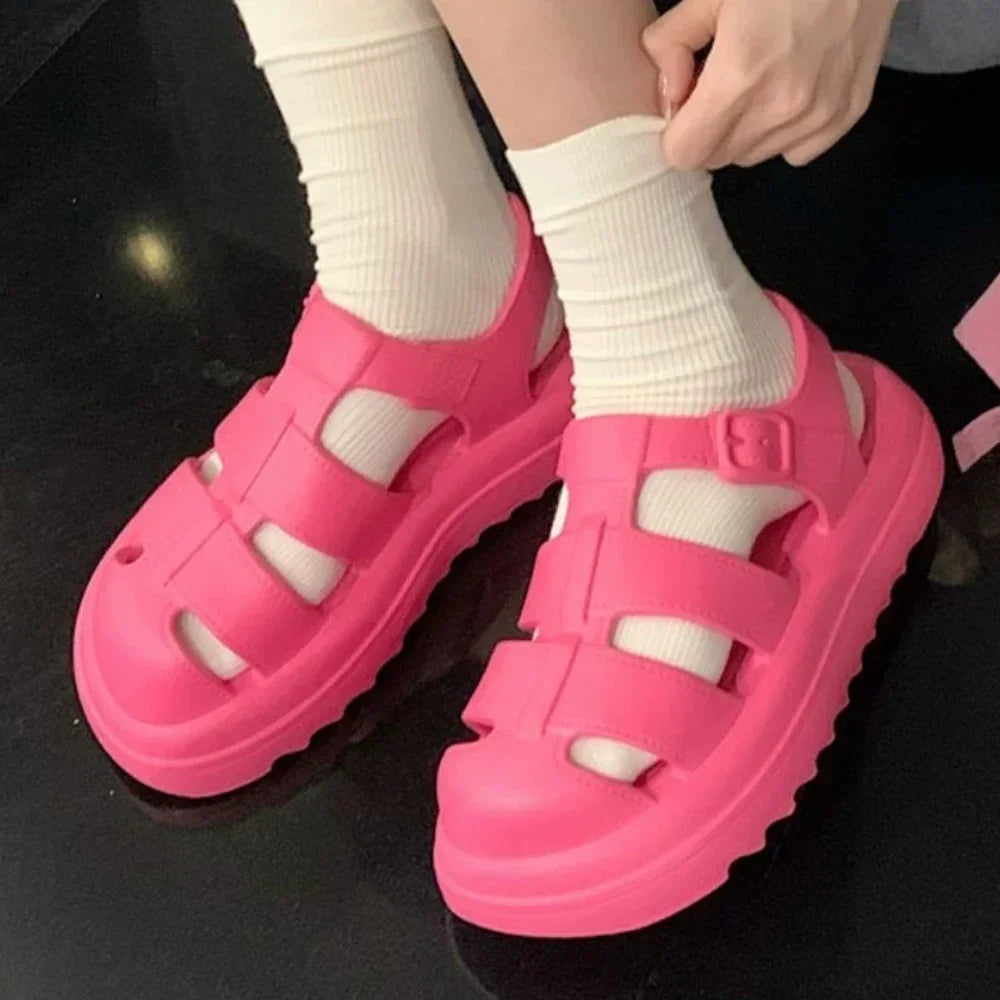 Women Chunky Platform Roman Style Sandals 2025 Summer Soft Shoes Elegant Fashion Woman Closed Toe Non-Slip Beach Slides Sandals