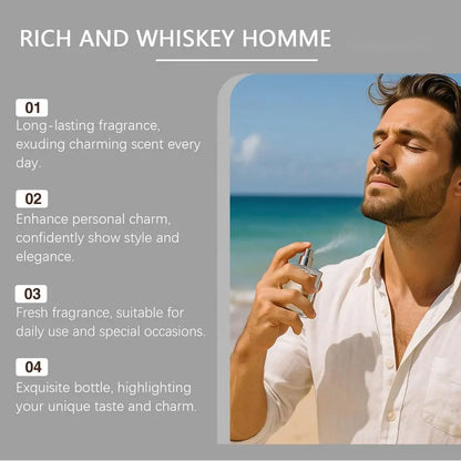 Men's perfume bottle by Blushimmer featuring Charming Whiskey fragrance, with elegant design and refreshing scent for attraction and dating.