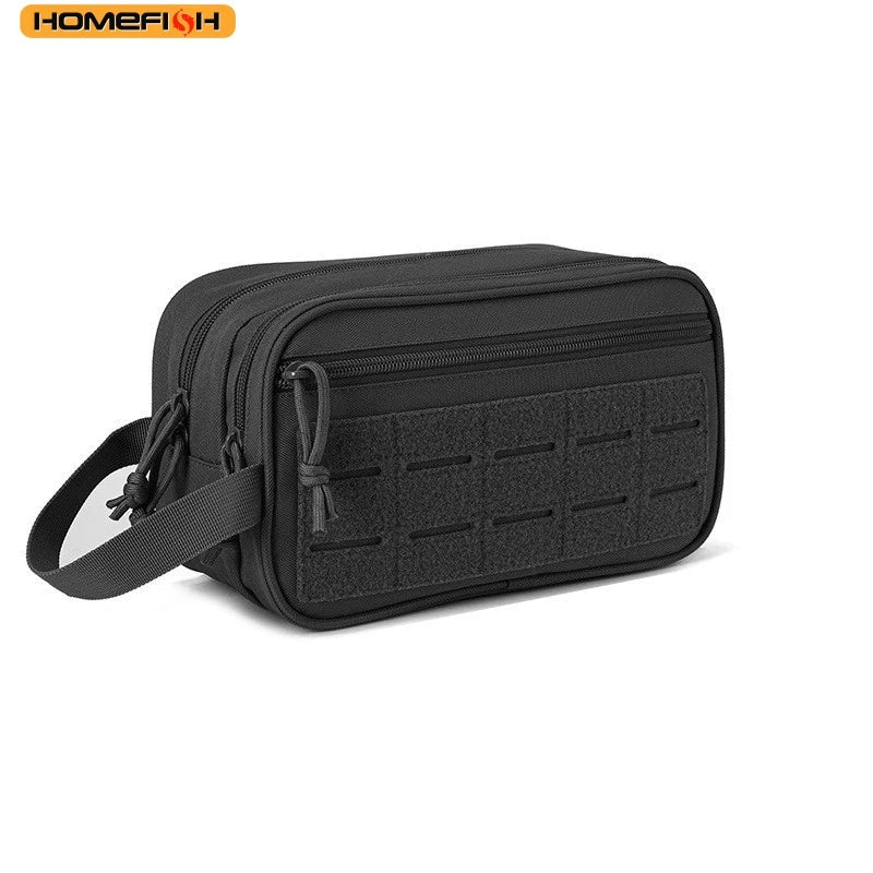 Blushimmer tactical toiletry bag for men with Molle pouches, small dopp kit for shaving, travel shower, and makeup essentials.