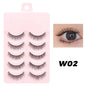 DINGSEN Blushimmer anime-style false eyelashes with natural daily makeup look, clear band, 5 pairs of little devil manga lashes.