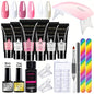 Six-piece Blushimmer extension nail polymer gel set with mini UV/LED lamp, includes quick-building 15ML gels for manicure art.