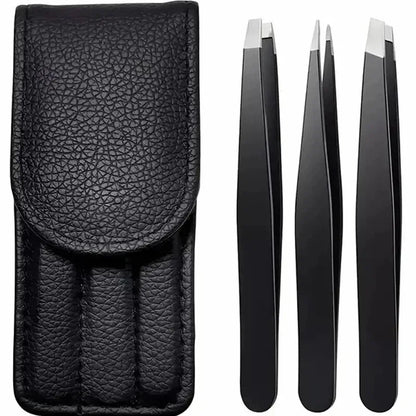 Black stainless steel eyebrow tweezer by Blushimmer with slant and flat tips for precise eyebrow shaping and ingrown hair removal.