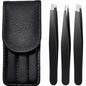 Black stainless steel eyebrow tweezer by Blushimmer with slant and flat tips for precise eyebrow shaping and ingrown hair removal.