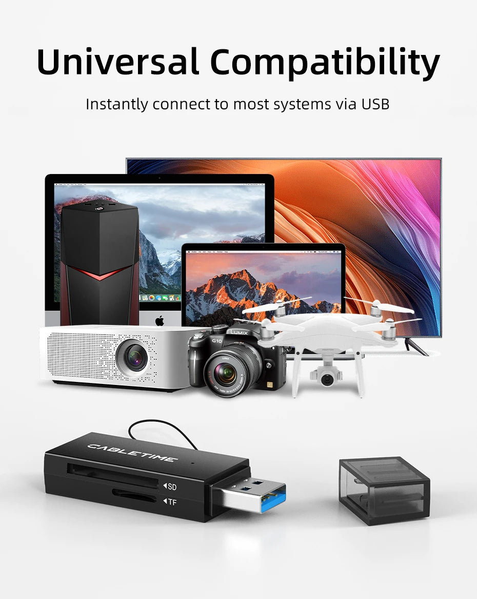 CABLETIME High-Speed Dual-Port Card Reader USB C & USB 3.0 SD Card Reader for Laptop Accessories 104MB/s 5Gbps Card Reader