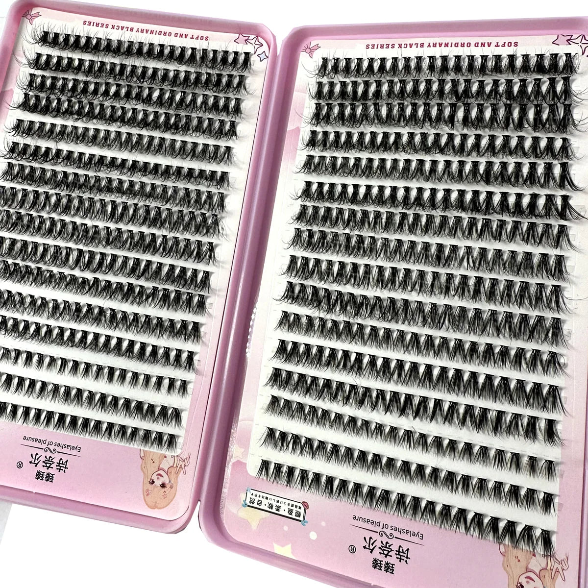 Blushimmer cluster eyelash extensions in mixed lengths, thick and fluffy 30D/100D DIY lash clusters, close-up of individual lash bundles.