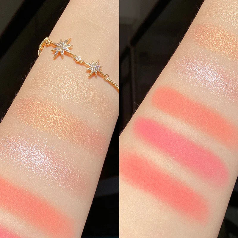 Blushimmer six-color blush and highlighter eyeshadow palette with pink and natural shades for makeup and contouring.