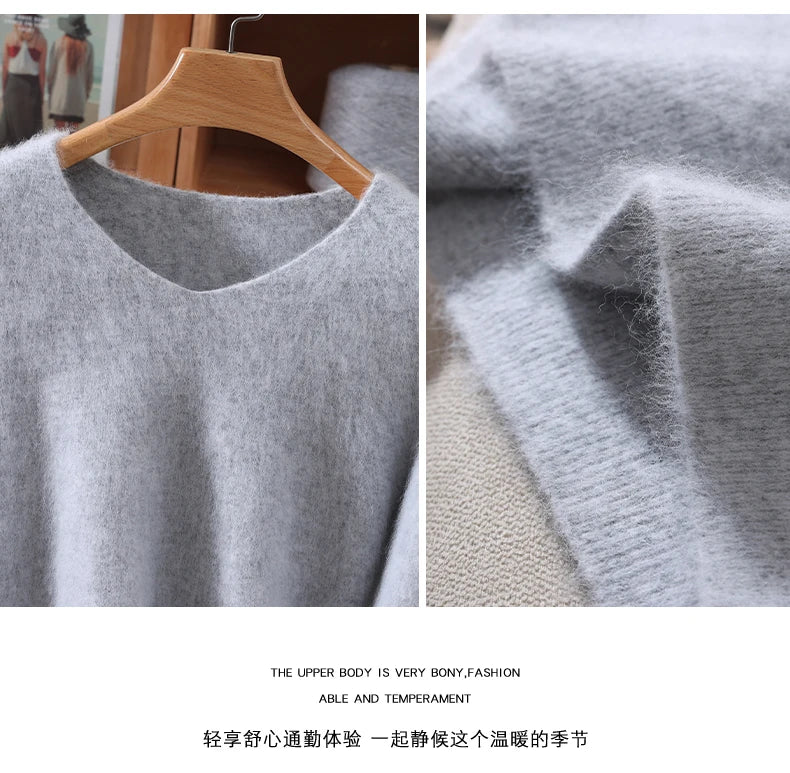 Autumn And Winter New High-End Female Mink Cashmere Sweater Solid Color Long-Sleeved Wool Knit Bottoming Sweater Loose Top