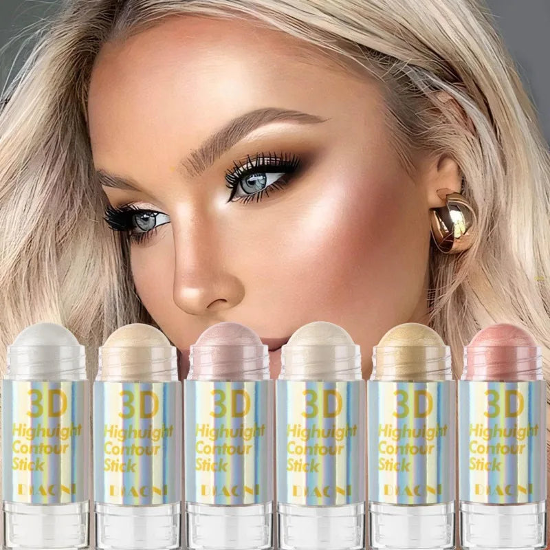 Blushimmer 3D face highlighter stick with 6 color options, contour, bronzer, and shimmer for luminous makeup application.