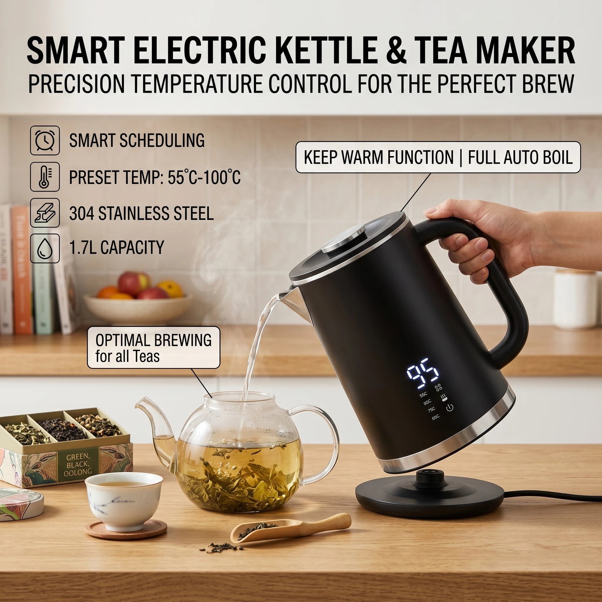 Smart Thermostatic 1.7L Electric Kettles Household Stainless Steel Kettle Double-Layer Insulation Boiling Water Electric Kettle
