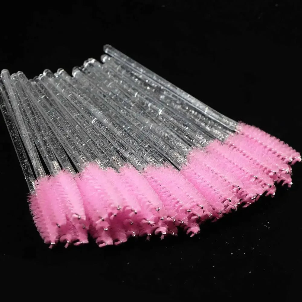 Set of 50 disposable makeup eyelash brushes with crystal diamond handles, mascara wands, and eyebrow applicators by Blushimmer.