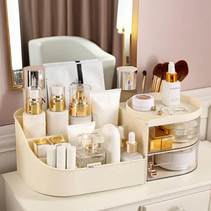 Blushimmer cosmetic storage box with drawer holding lipstick, makeup brushes, and skincare products on a countertop.