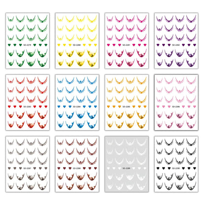 Set of 12 sheets of Blushimmer gradient French tip nail stickers with heart designs, self-adhesive decals for DIY nail art in 12 colors.