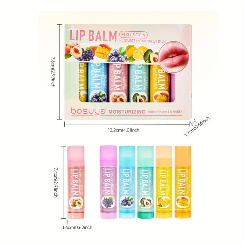 Set of 6 Blushimmer lip balm tubes in various fragrances, designed to moisturize and repair dry lips, perfect for gifting.