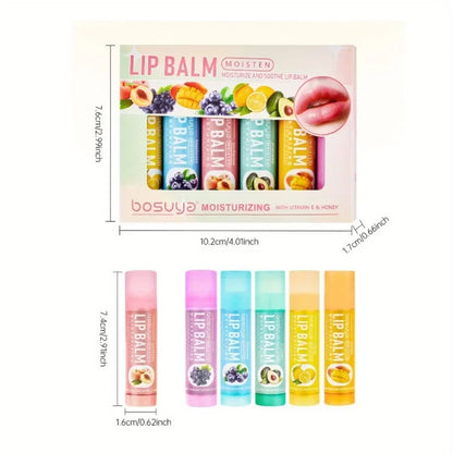 Set of 6 Blushimmer lip balm tubes in various fragrances, designed to moisturize and repair dry lips, perfect for gifting.