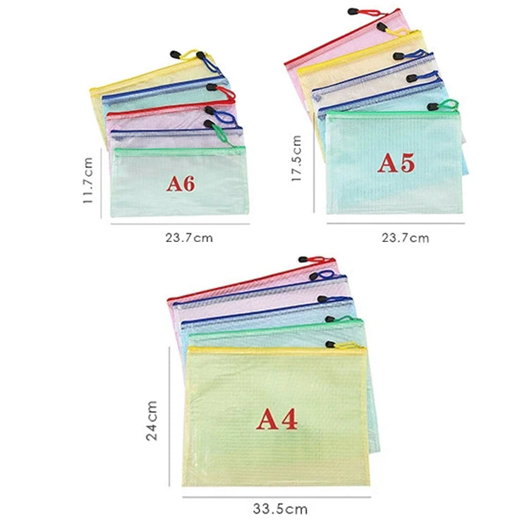 5Pcs A4/A5/A6 Stationery Storage Folder File Mesh Zipper Pouch Document Bag Zip File Folders School Office Supplies