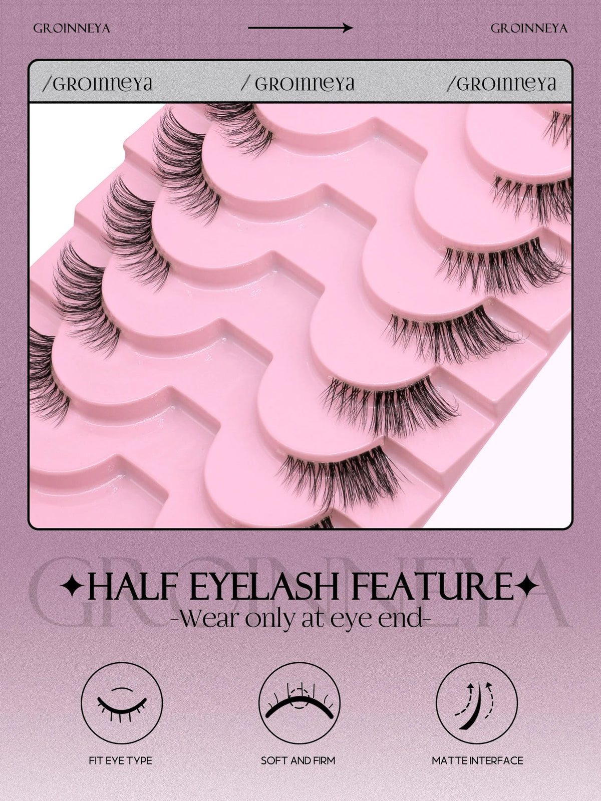 Blushimmer GROINNEYA Half Lashes with soft, natural look faux mink wispy eyelashes on clear band for extension and makeup.
