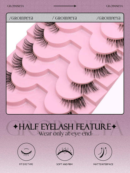 Blushimmer GROINNEYA Half Lashes with soft, natural look faux mink wispy eyelashes on clear band for extension and makeup.