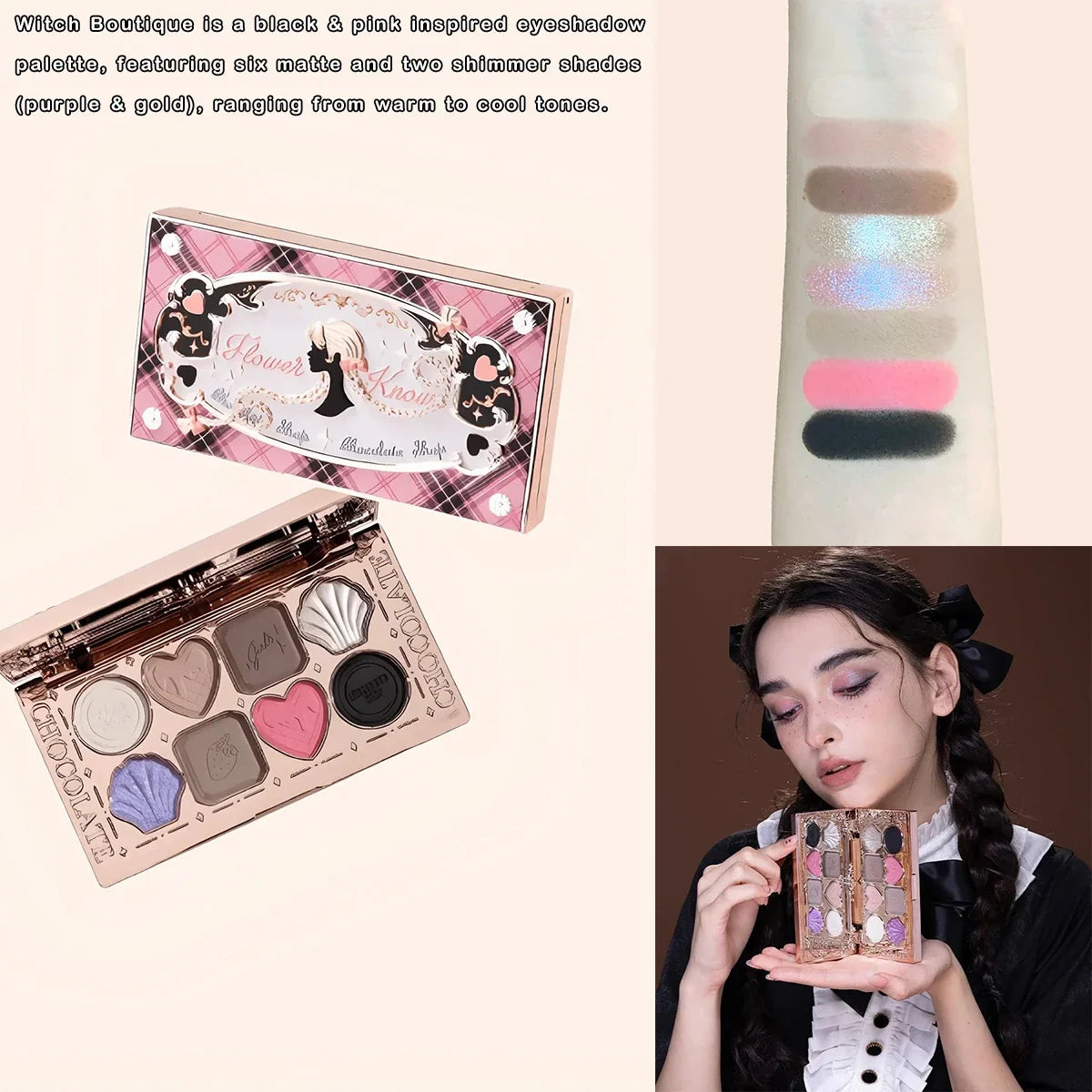 Blushimmer Flower Knows Chocolate Wonder-Shop 8-color eyeshadow palette with warm, earthy shades and floral packaging.